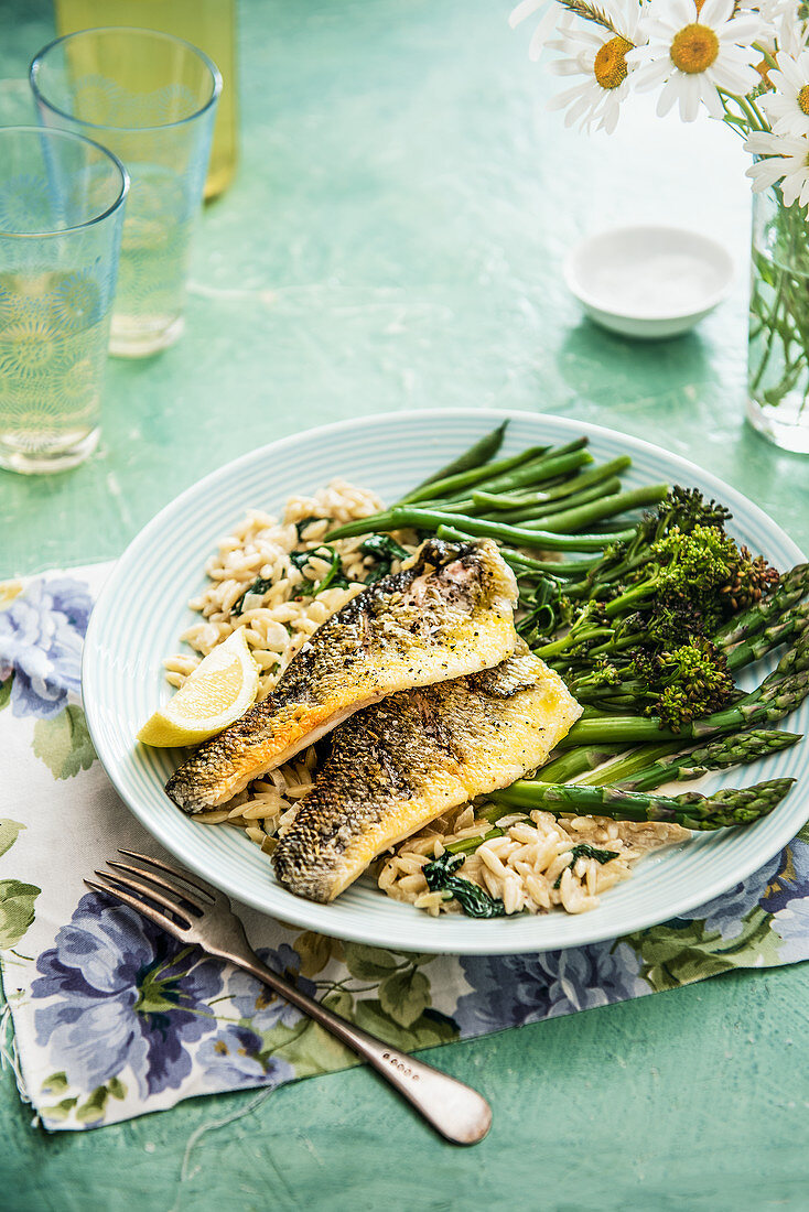 Gebratene Wolfsbarschfilets mit Orzo, Spinat und grünem Gemüse