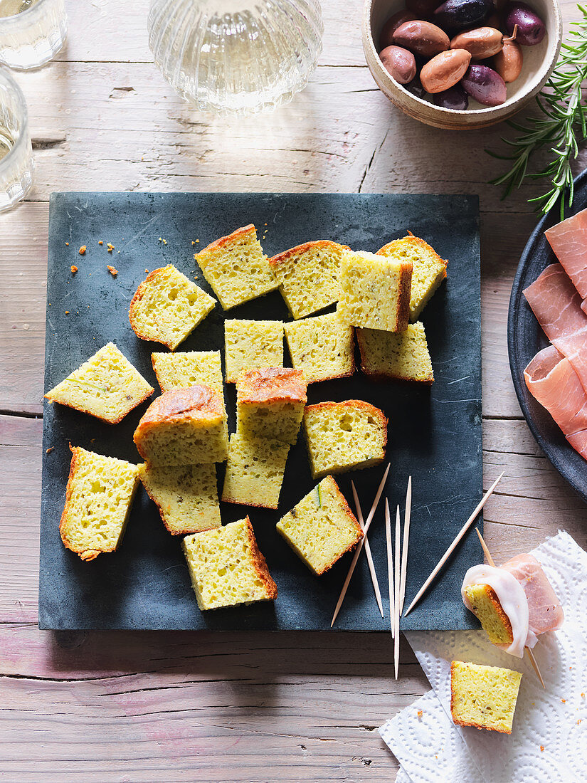 Spiced corn and courgette cake, diced