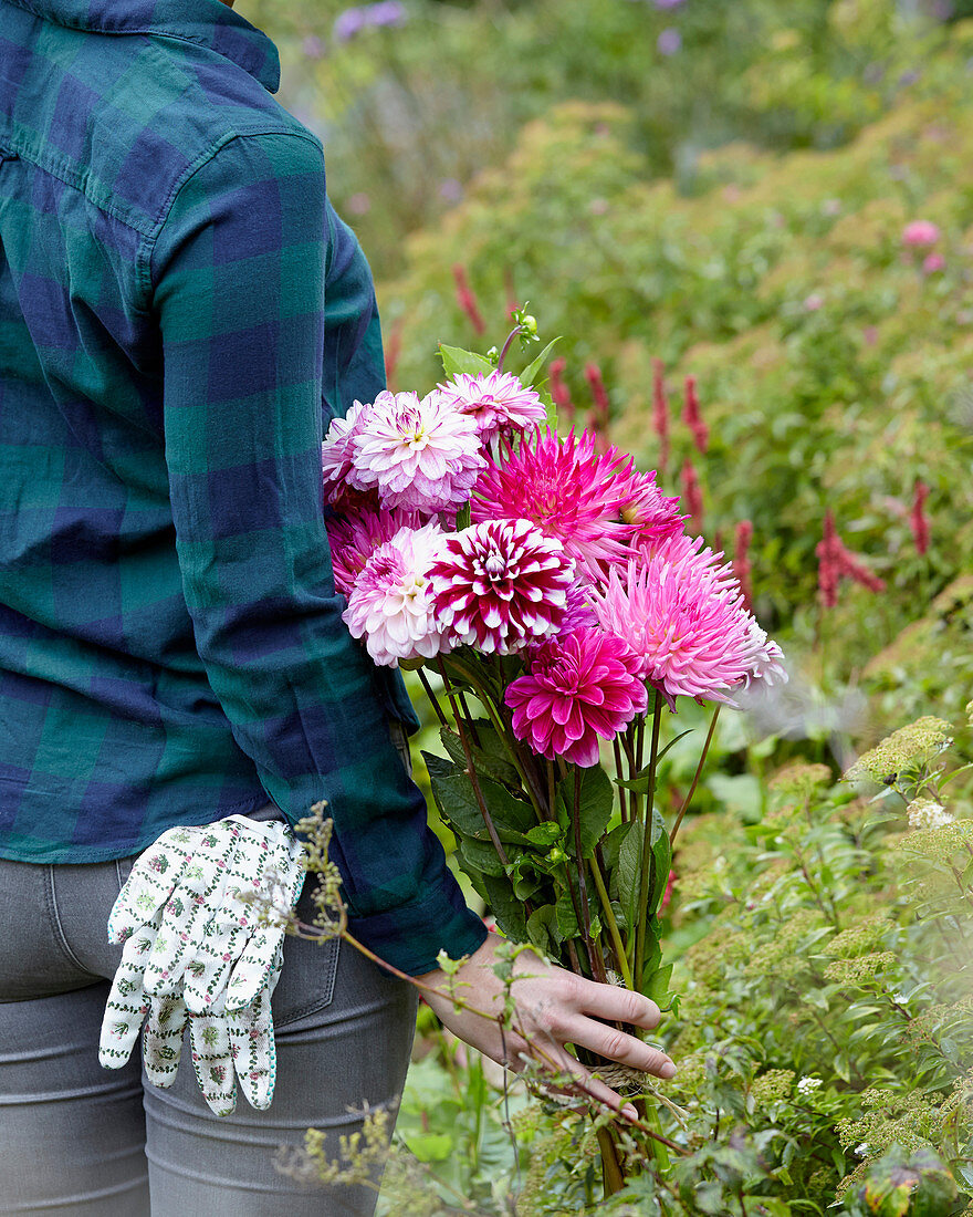 Lady with Dahlia bouquet