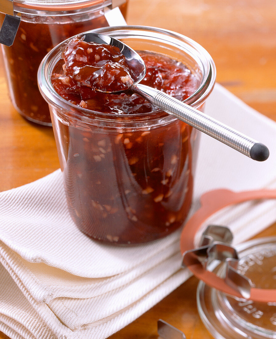 Christmas damson jam with almonds and gingerbread spice