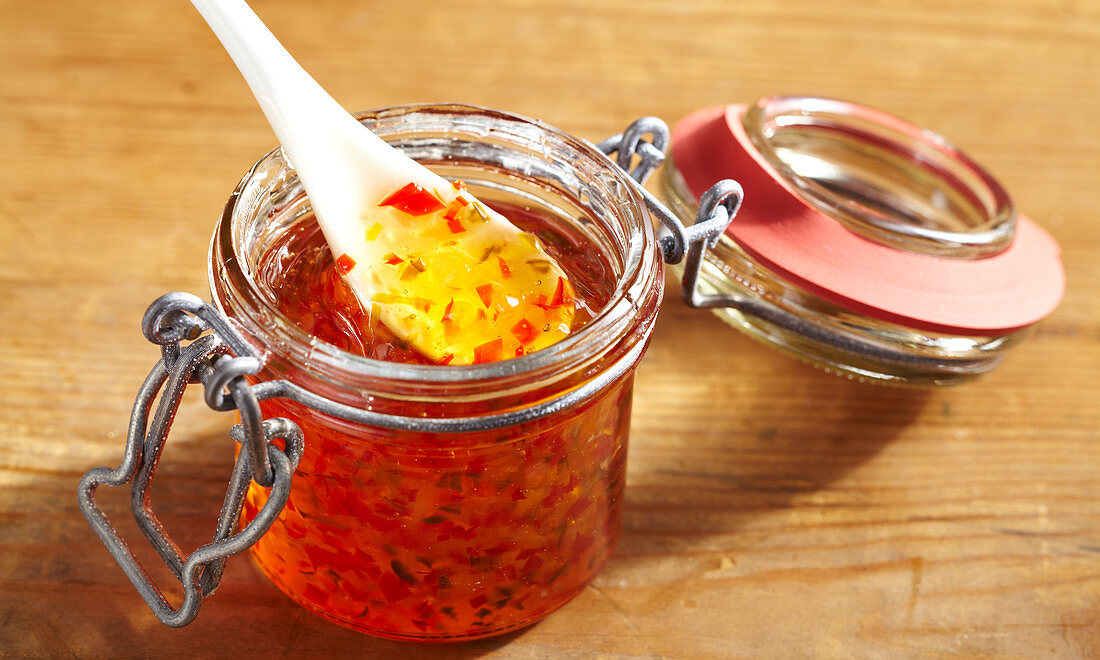Chilli and apple jelly in a flip-top jar