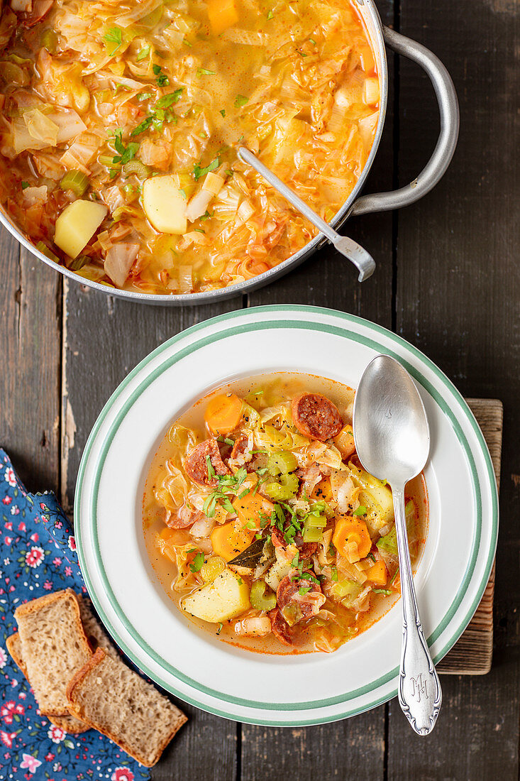 Cabbage and potato soup with chorizo