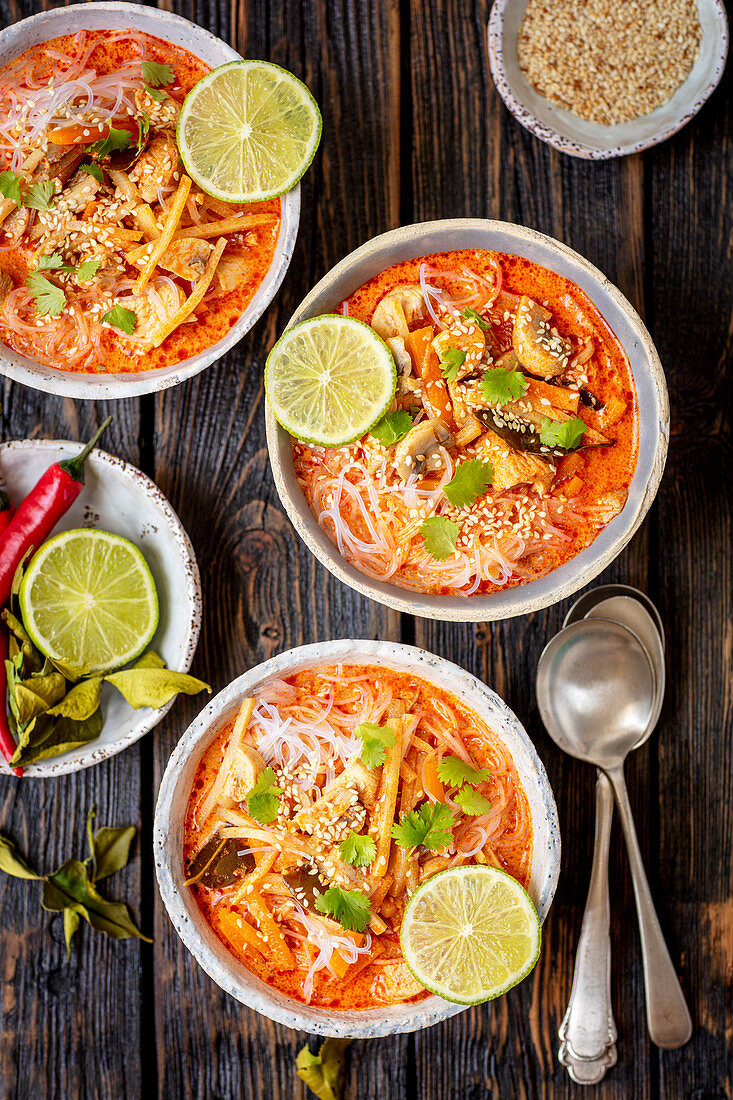 Thai coconut soup with chicken and rice noodles