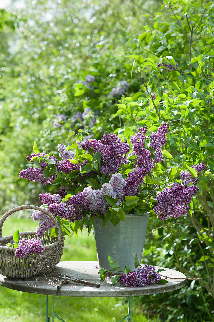 Lush bouquet of lilacs on the patio table
