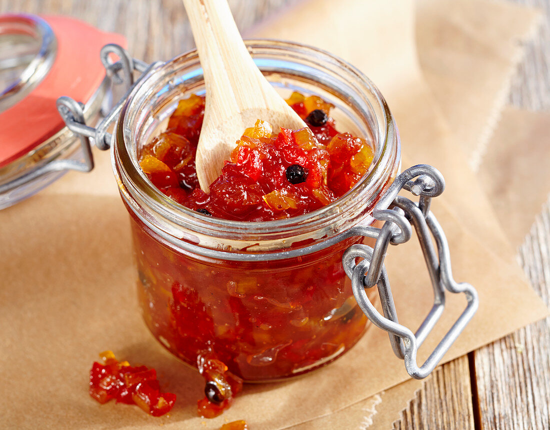 Spicy pepper relish in a flip-top jar