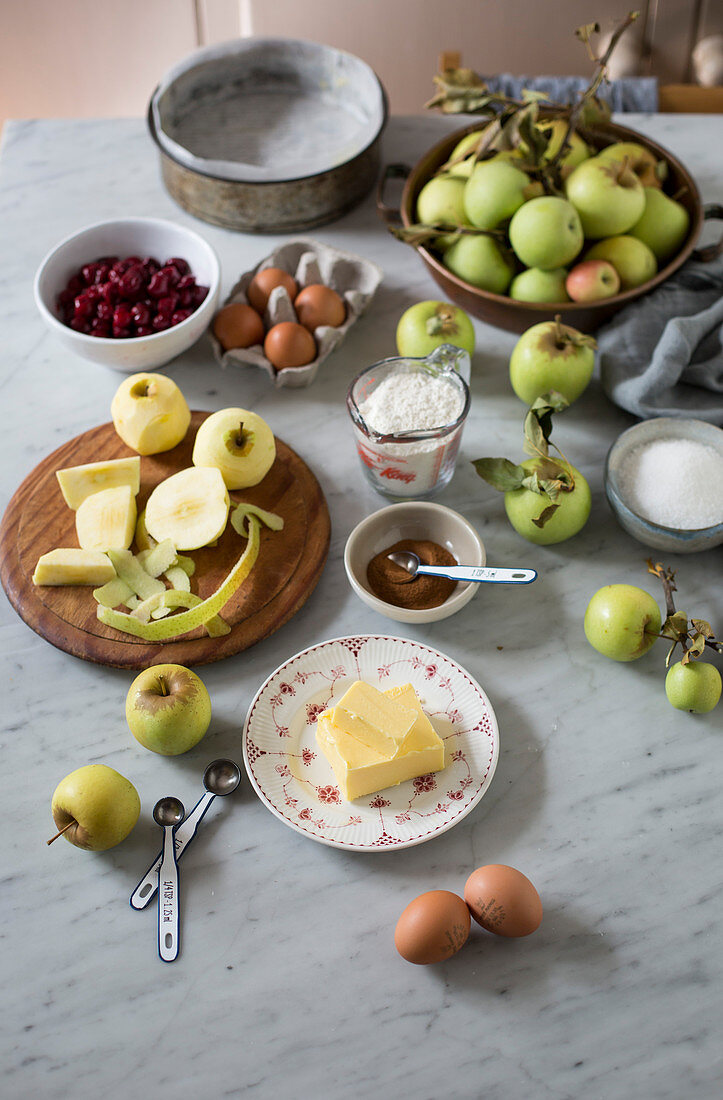 Ingredients for apple and cherry cake