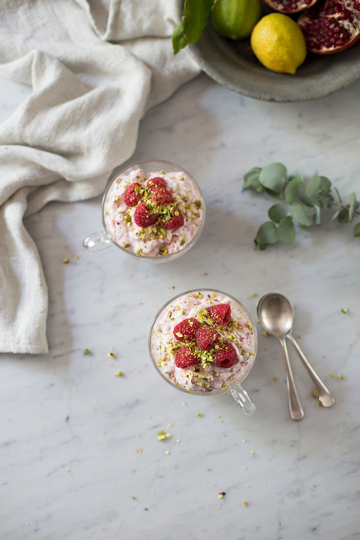Eton Mess with raspberries and pistachio nuts