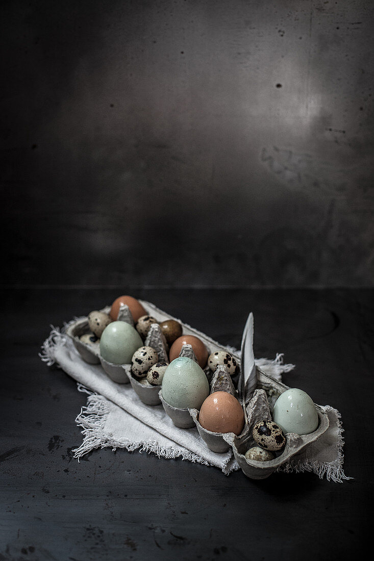 Various eggs in an egg carton