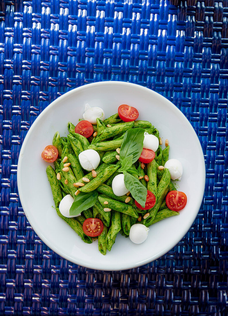 Basil pasta with mozzarella, tomatoes and pine nuts