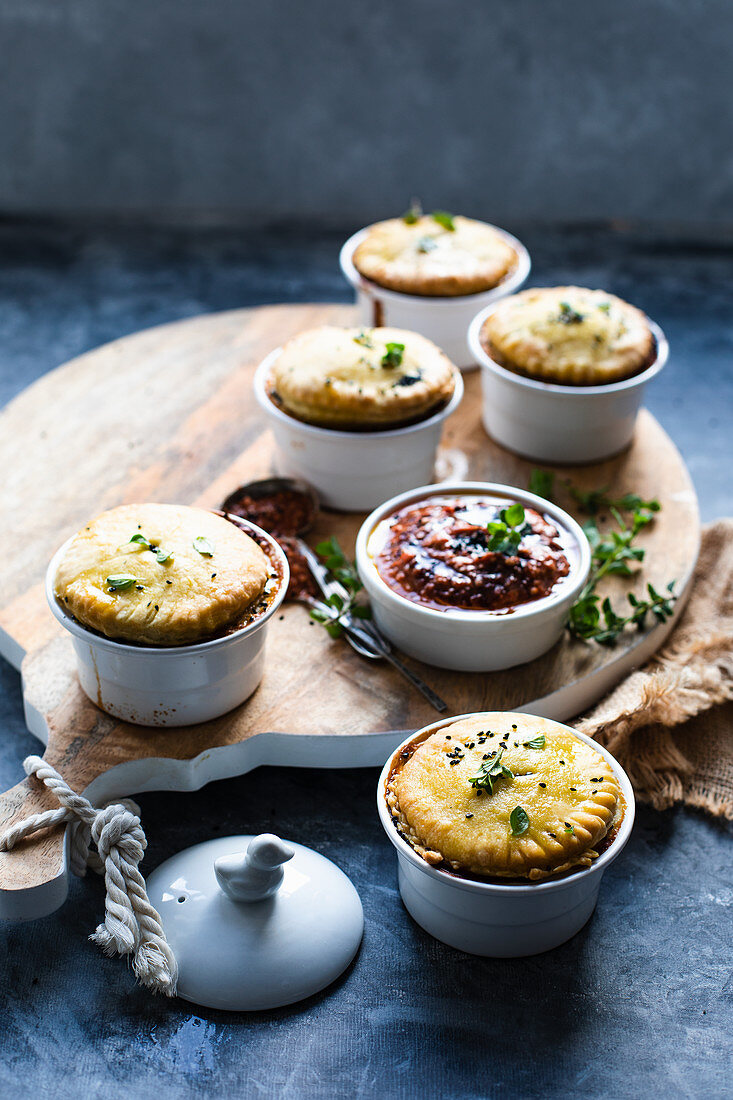 Duck and lentil pies with tomato dip
