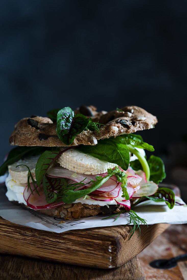 Spelt rolls with cheese, radishes and salad