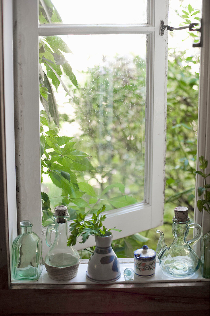 Flasche, Karaffen und Vase mit Kräuter auf Fensterbank