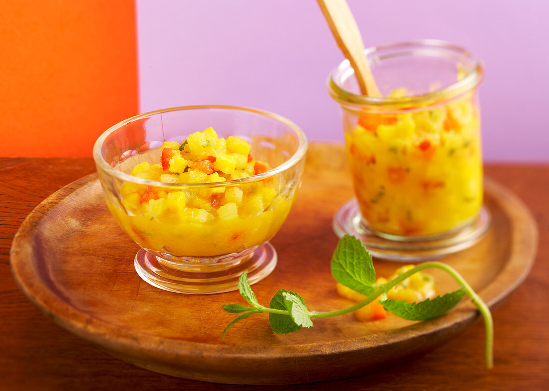 Potted mango salsa with fresh mint in glasses