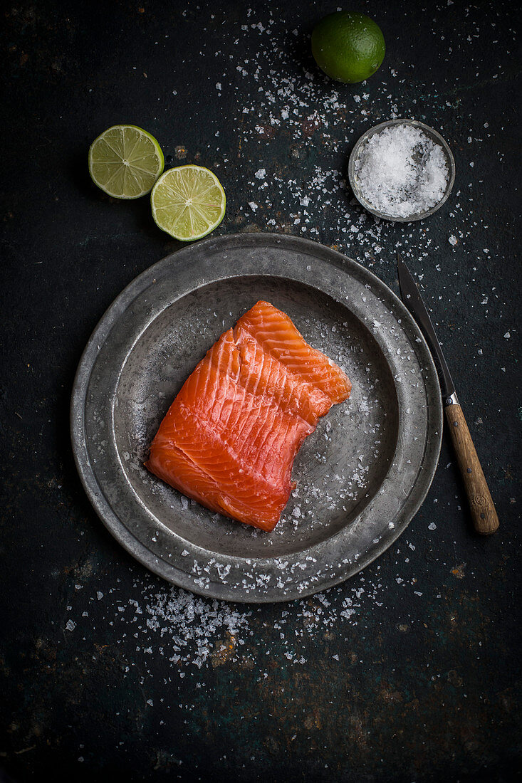 Raw salmon fillet with sea salt on a metal plate