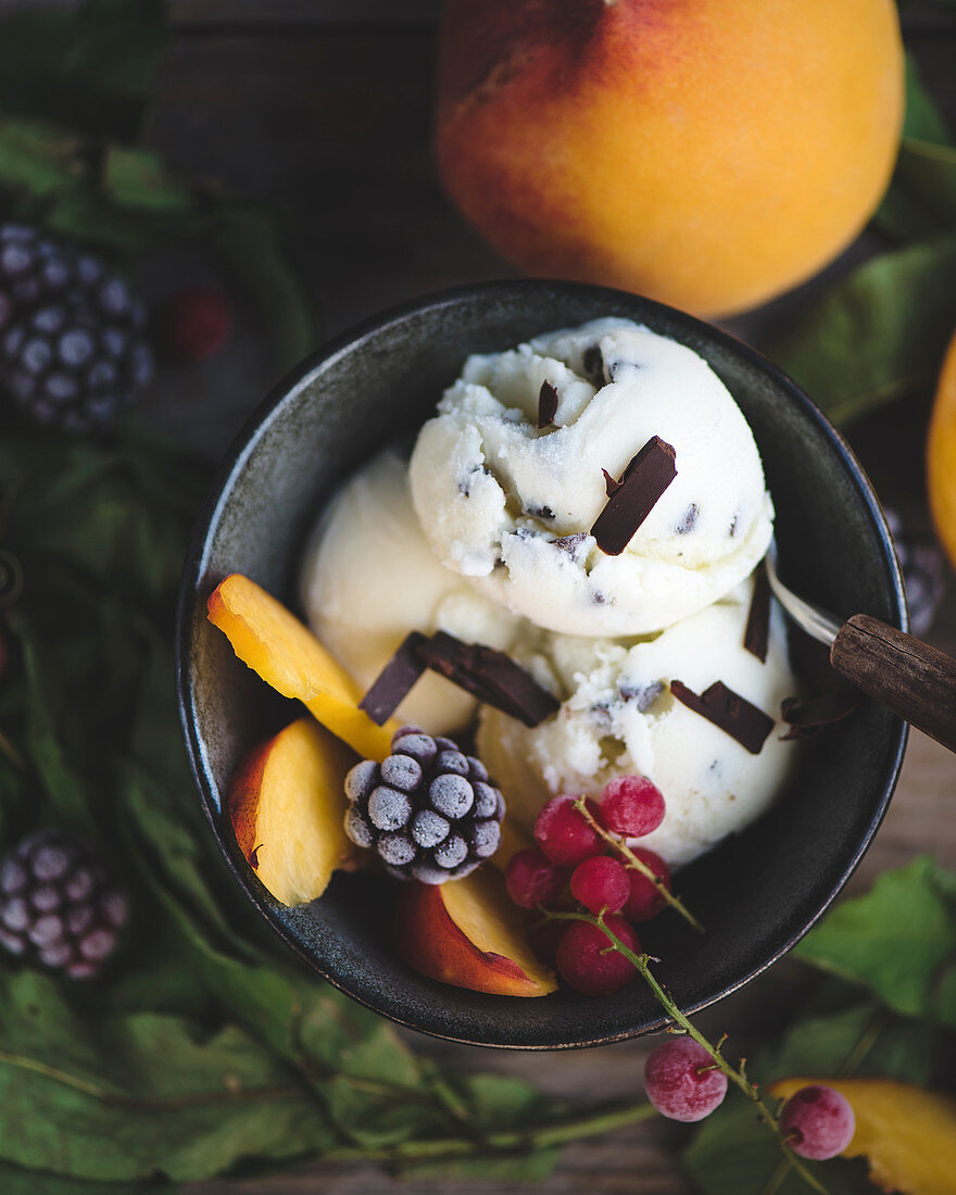 Bowl with homemade ice cream and fruits, stracciatella flavour