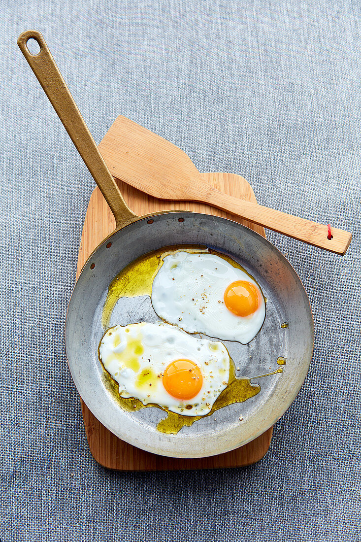 Poached eggs in a pan