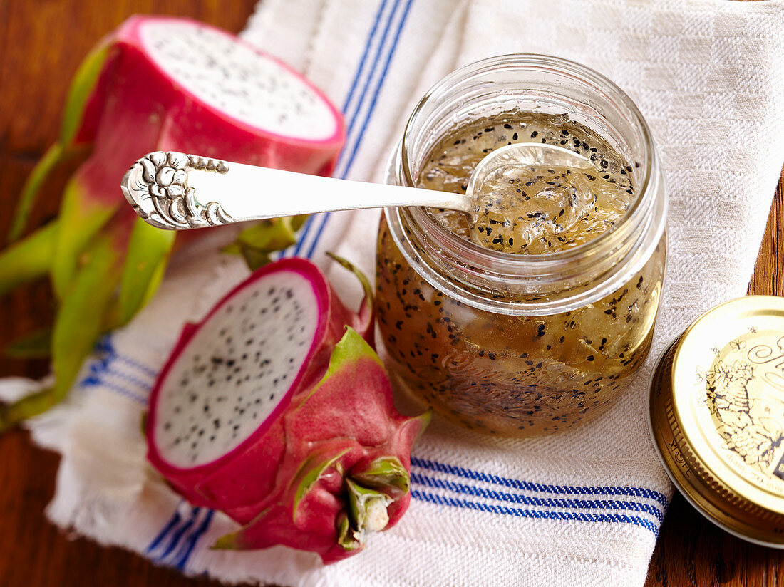Dragon fruit and Prosecco jam in a screw-top jar