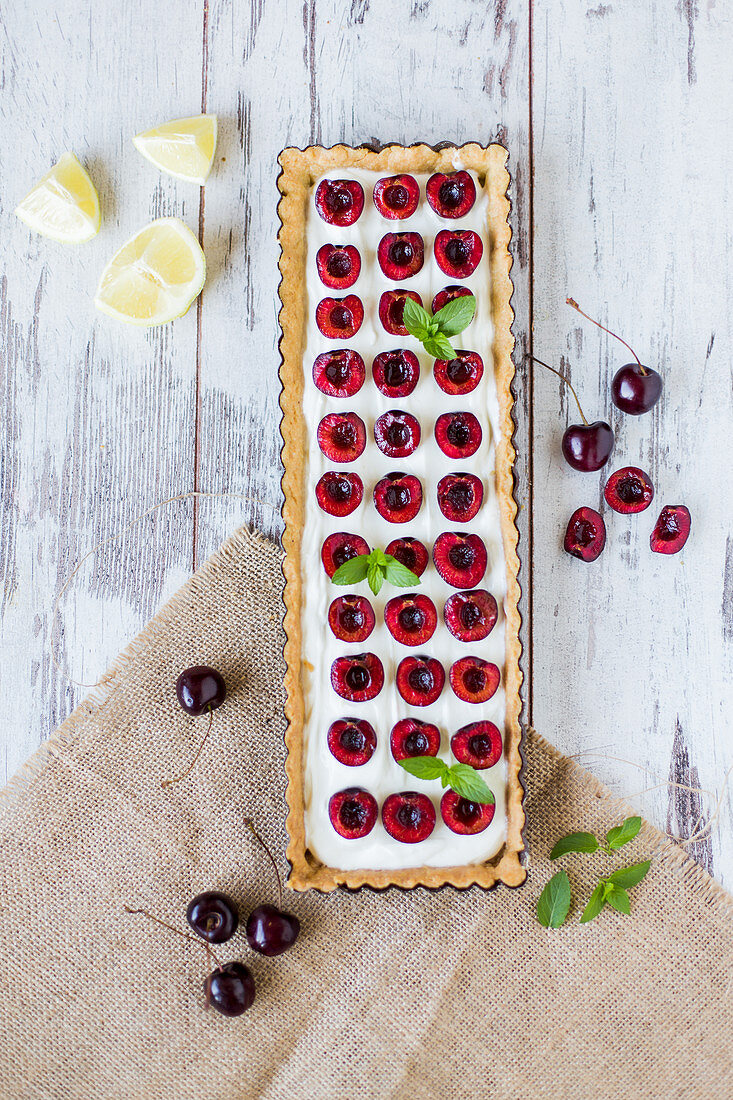 Cherry tart in a tray