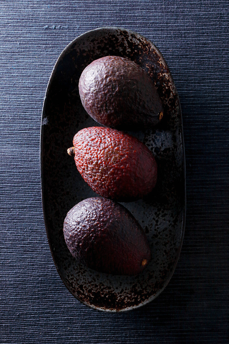 Three avocados in a bowl