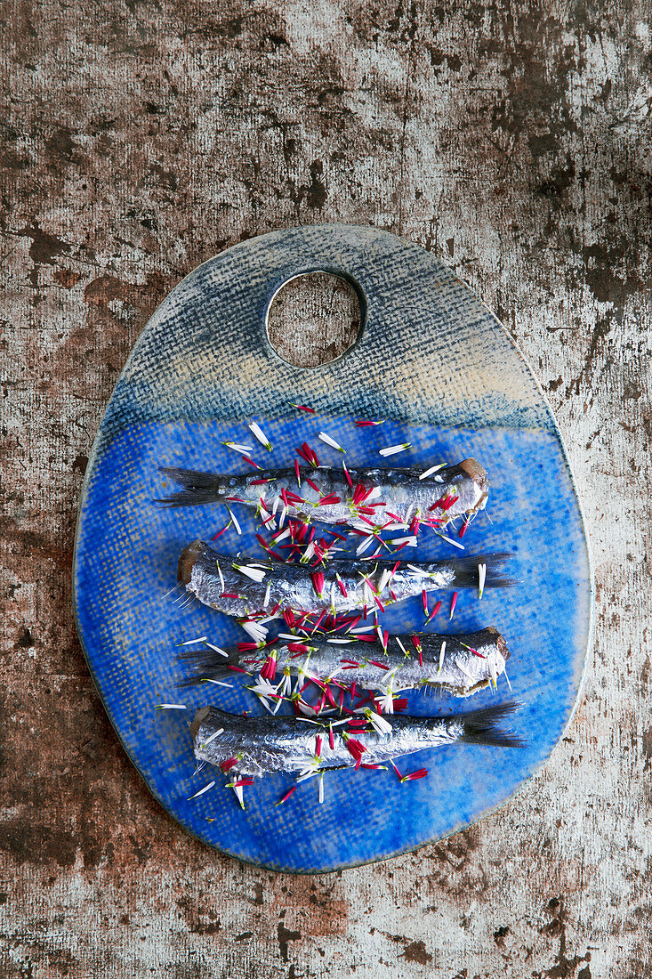 Sardines sprinkled with edible flowers