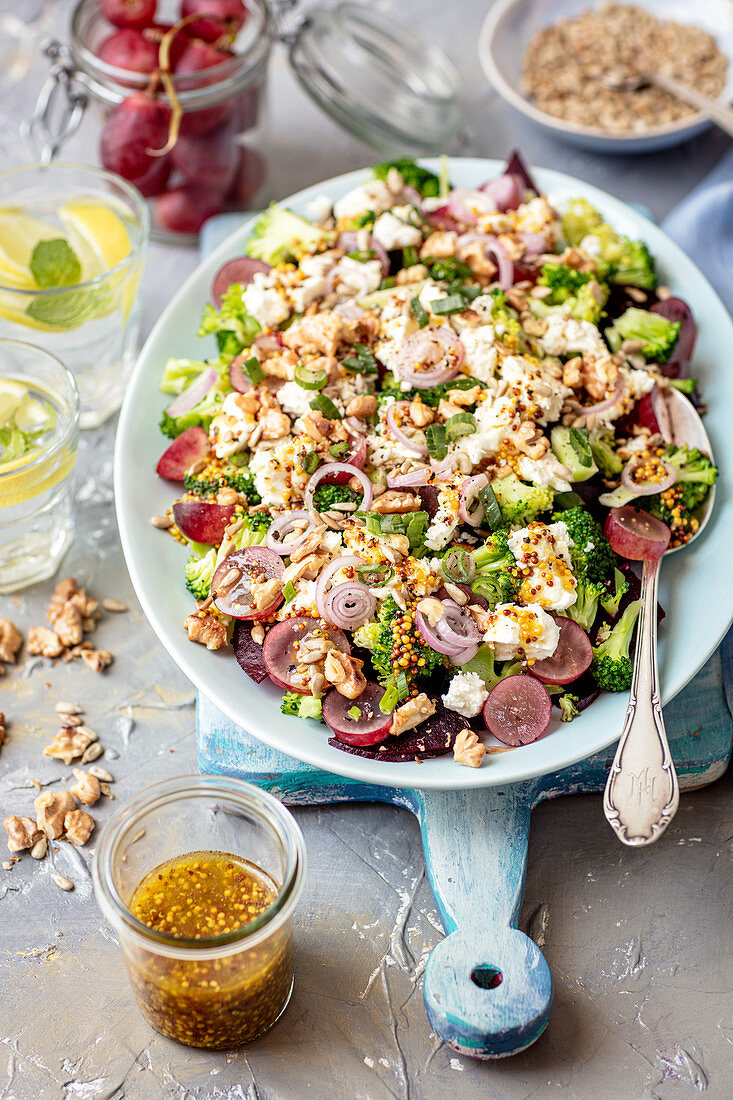 Broccoli and beetroot salad with grapes and feta