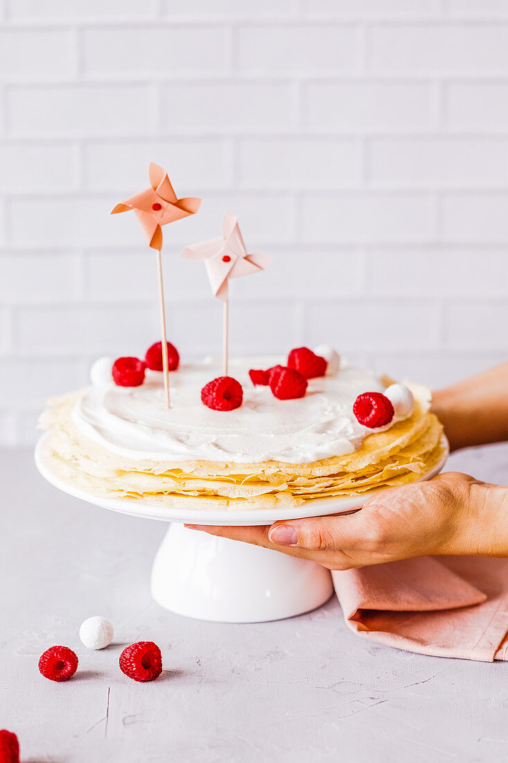 Pancake cake with raspberries and cream cheese