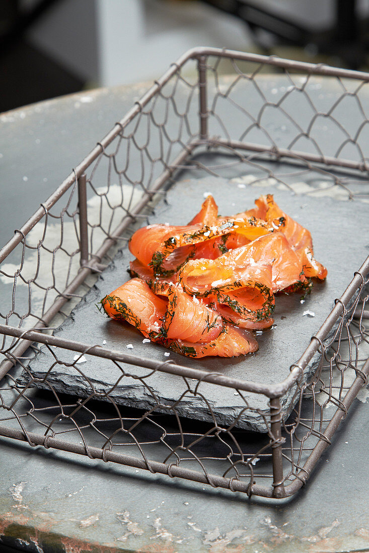 Smoked salmon in a grill basket