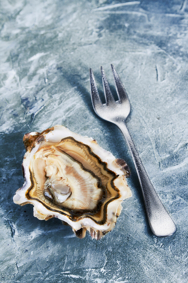 Fresh oyster with a fork