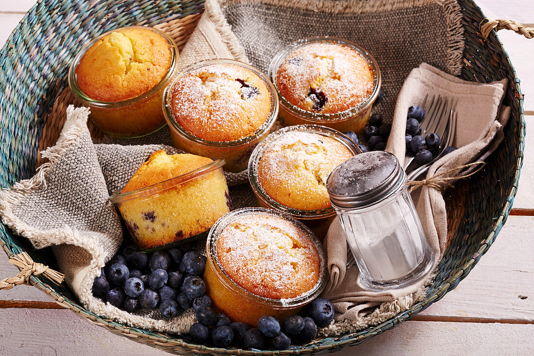 Small blueberry pie baked in a glasses to take away