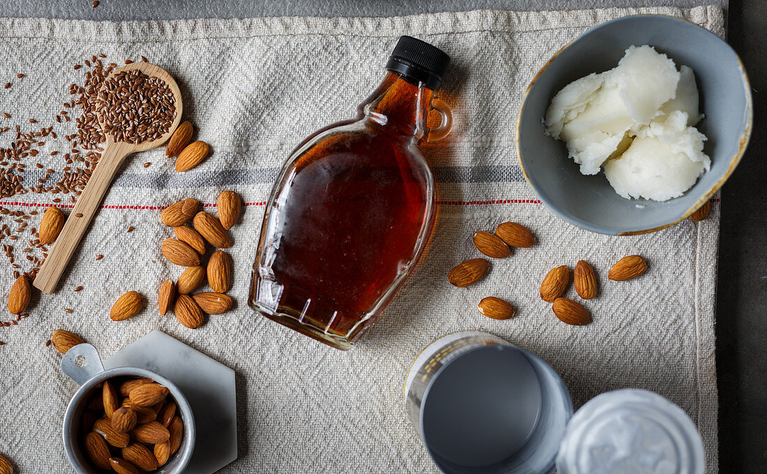 Coconut oil, maple syrup, chia seeds and almonds