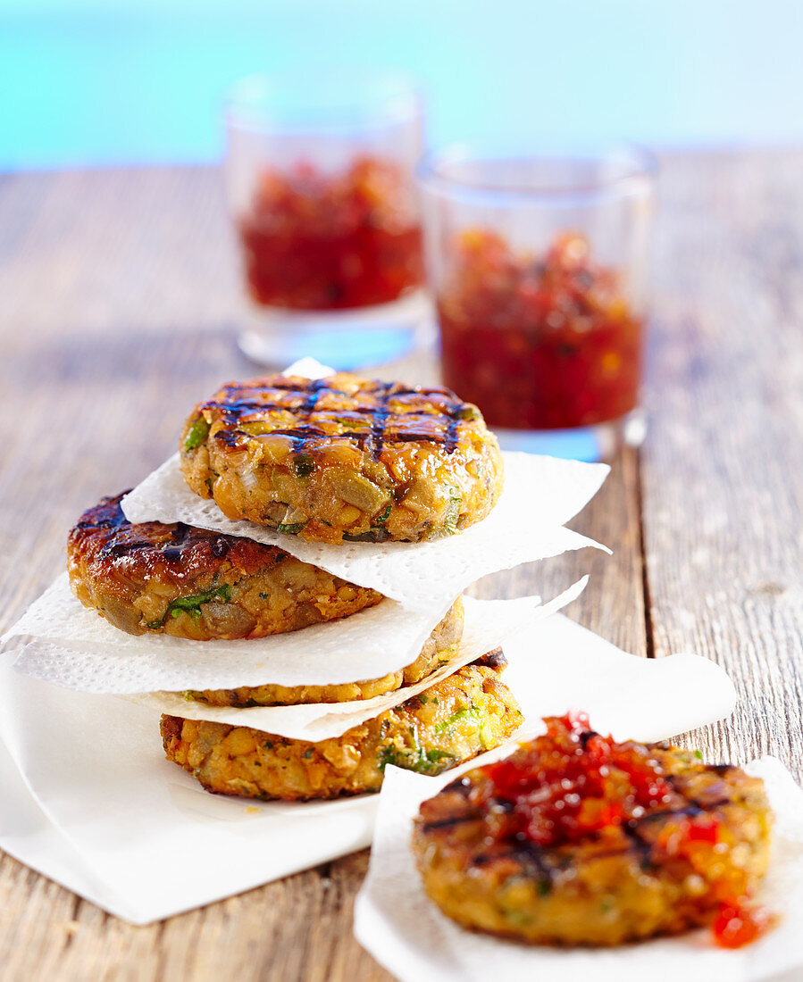 Grilled chickpea and aubergine burgers with pepper relish