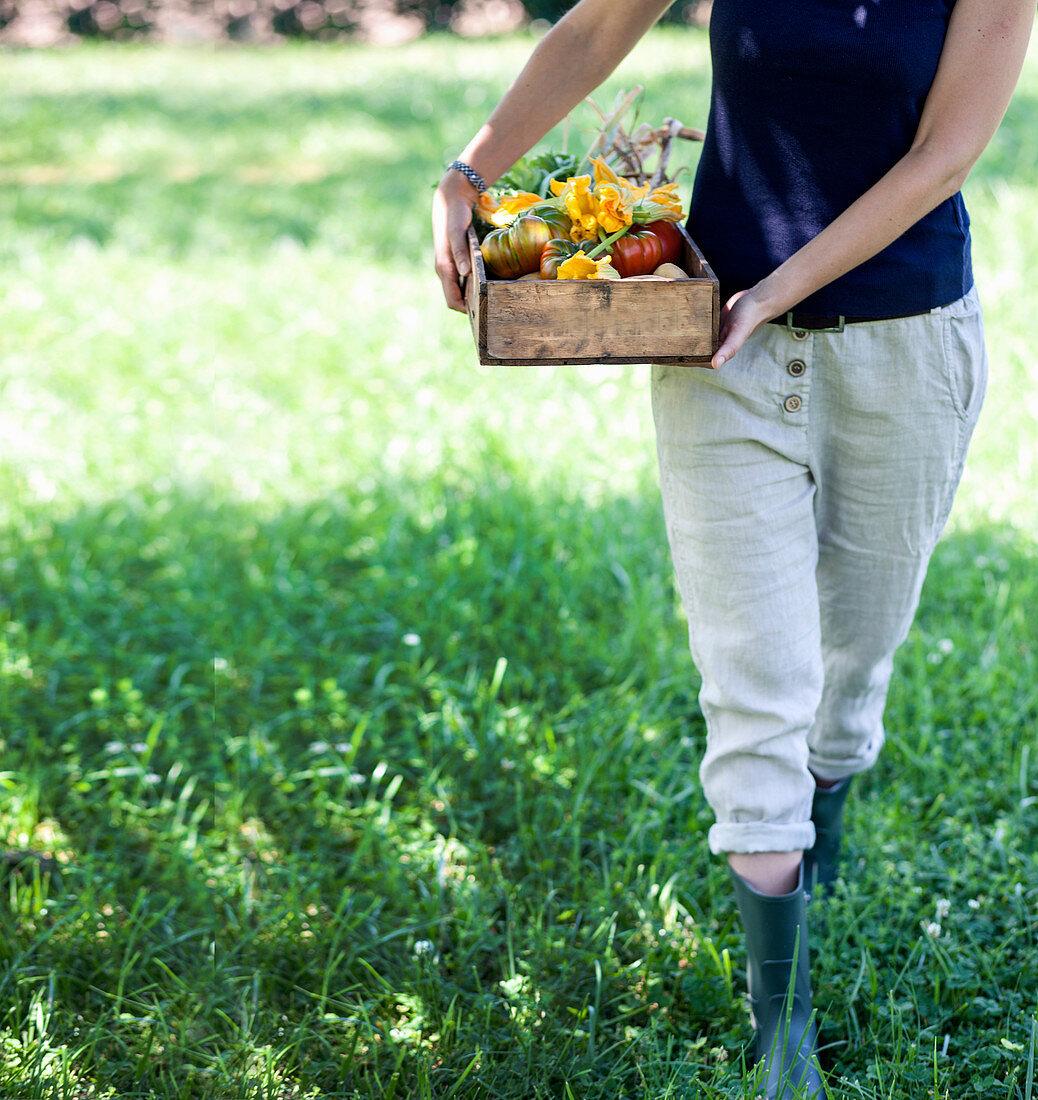 Frau trägt Gemüsekiste im Garten