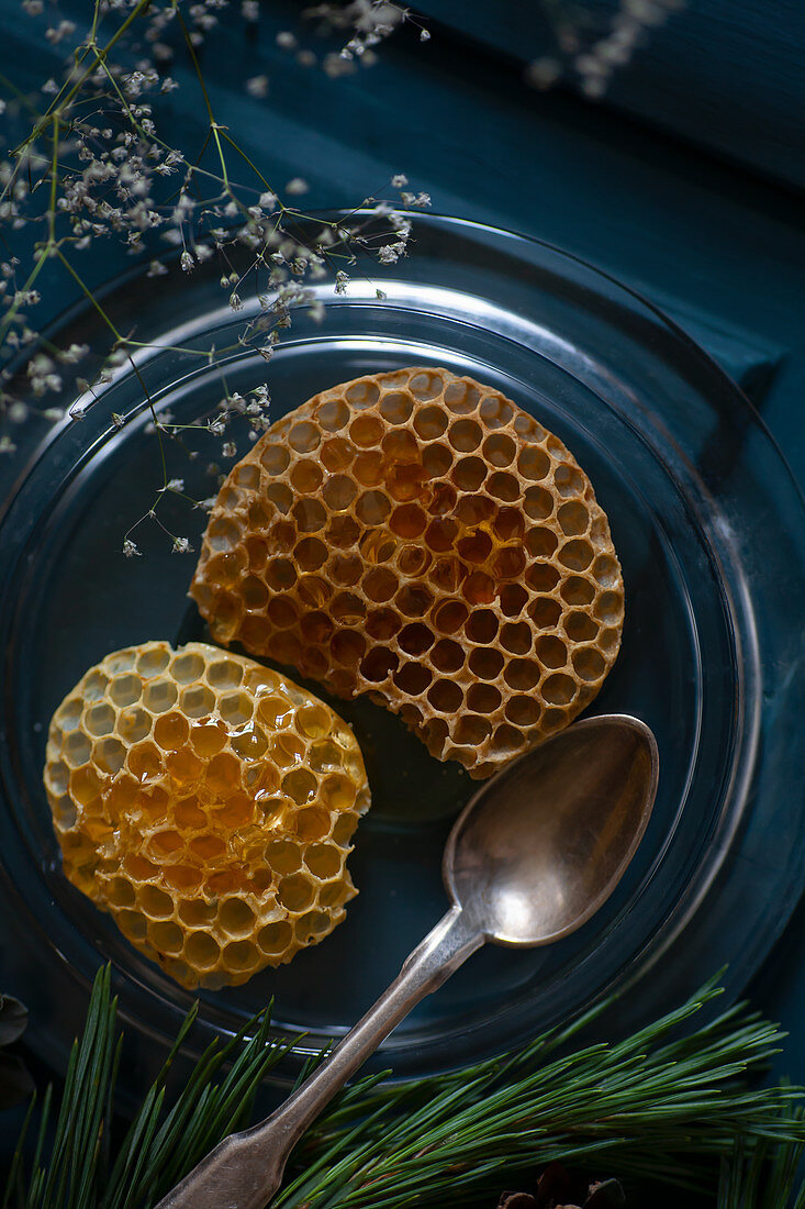 Honeycomb oozing honey on glass plate with silver spoon