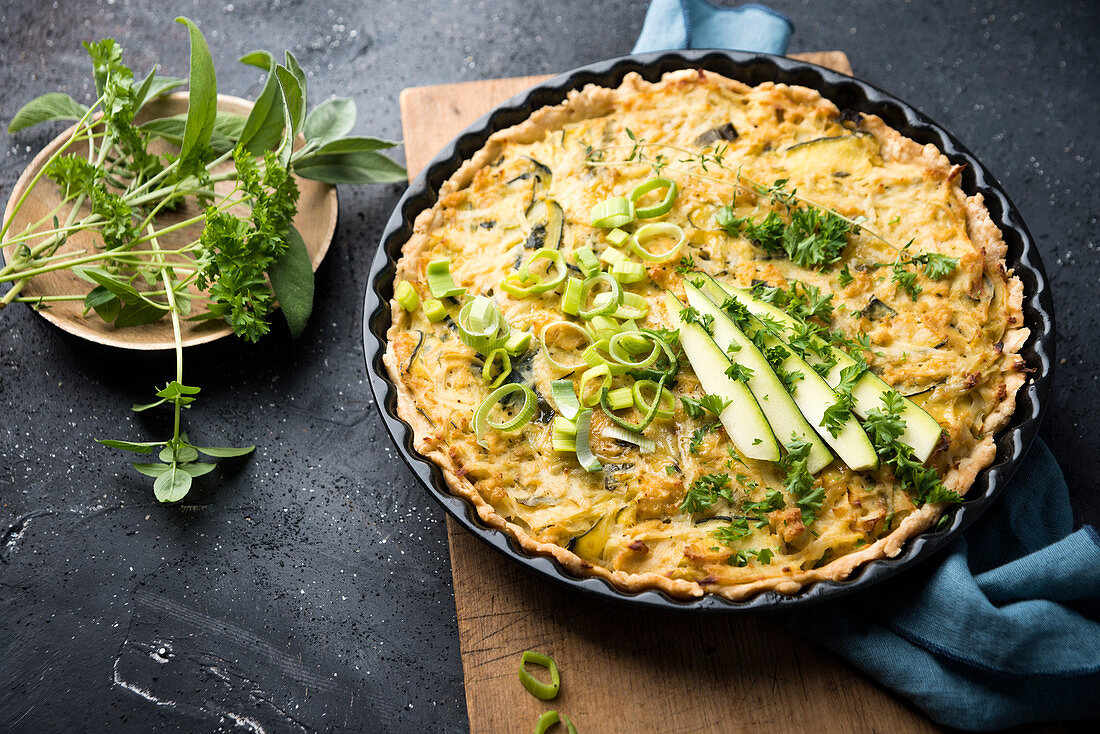 Vegan courgette and leek quiche