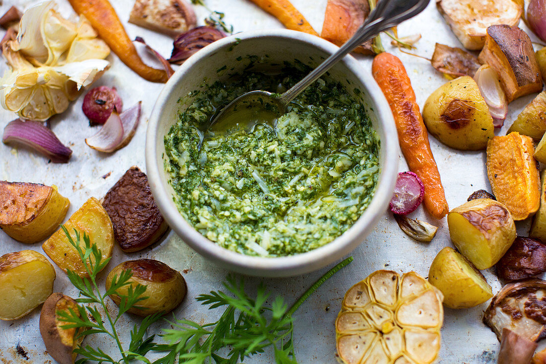 Roast vegetables with herb sauce