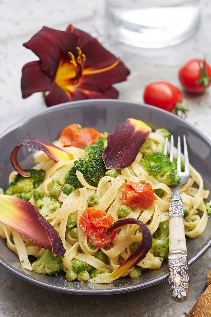 Pasta dish with daylily petals