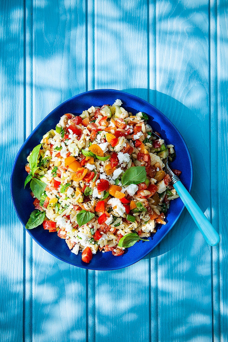 Summer orzo pasta, feta cheese, basil, tomatoes and peppers salad with olive oil