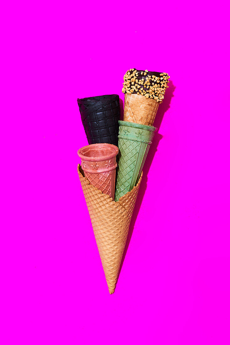 Multiple different cones for ice cream.