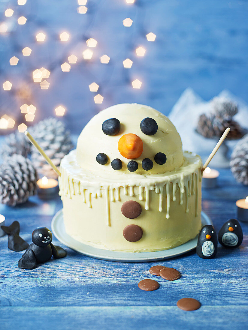 A snowman cake with malted milk