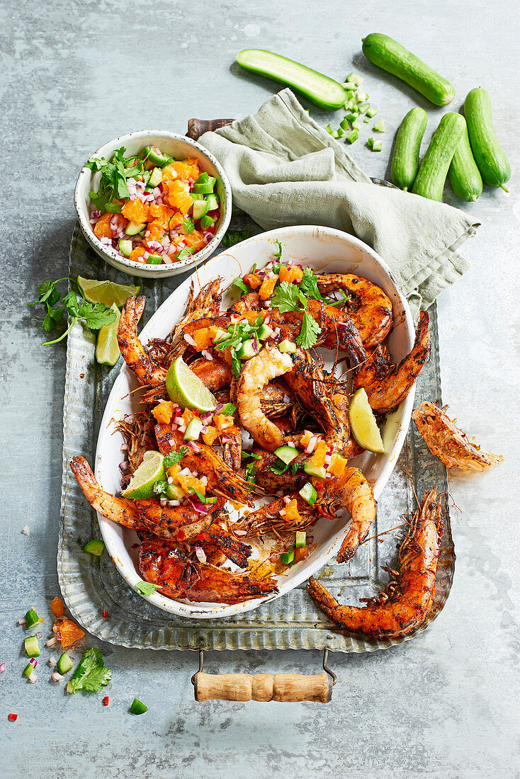 Blackened prawns with clementine salsa