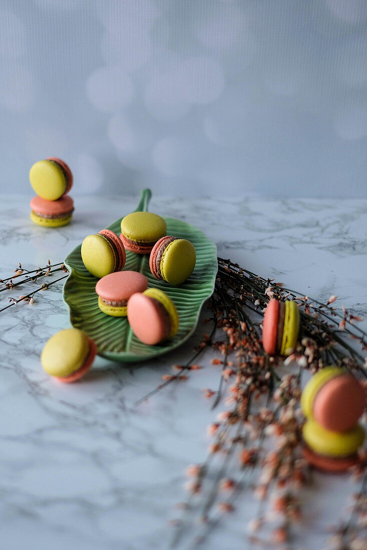 Red and green macaroons with Ovomaltine cream