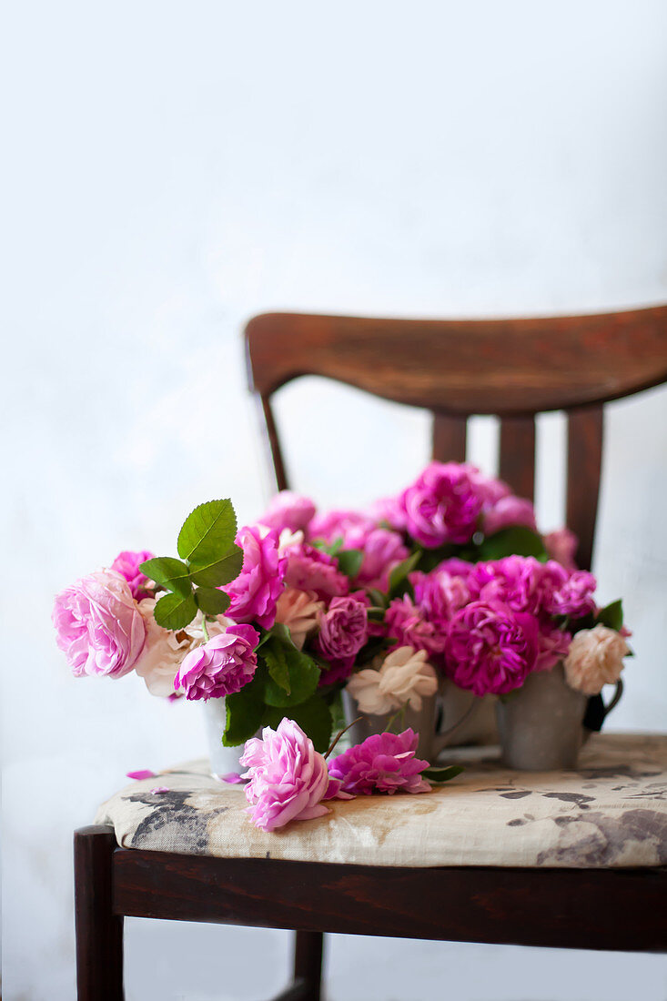 Pink roses in metal vases on chair