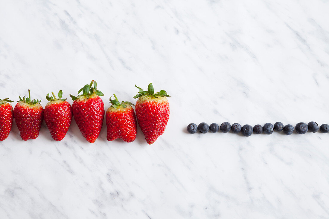 Strawberries and blueberries in row, studio shot