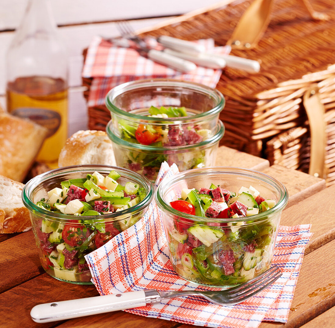 Salami and cheese salad for a picnic