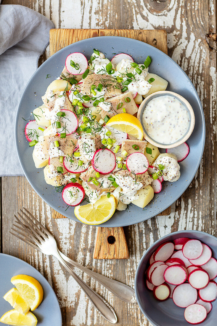 Potato salad with smoked trout, red radishes and mustard-yogurt dressing