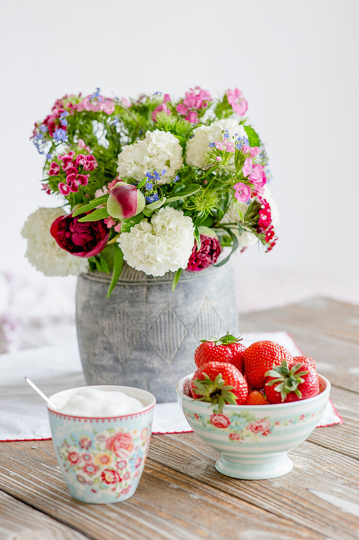 Early summer bouquet of Sweet William, Peonies and viburnum