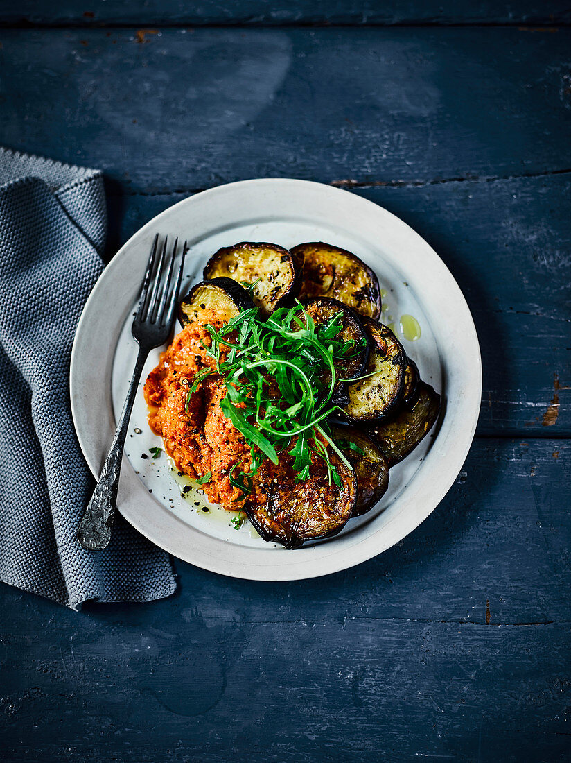 Aubergines with romanesco puree