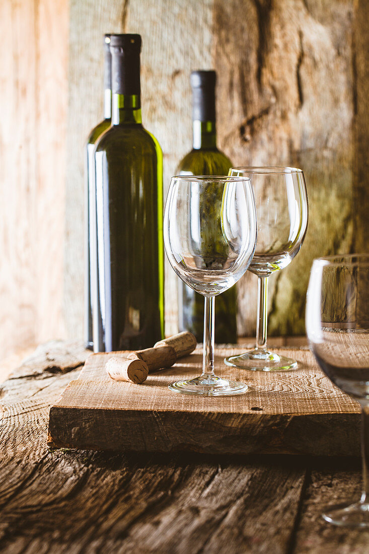 Glass of white wine in wine cellar