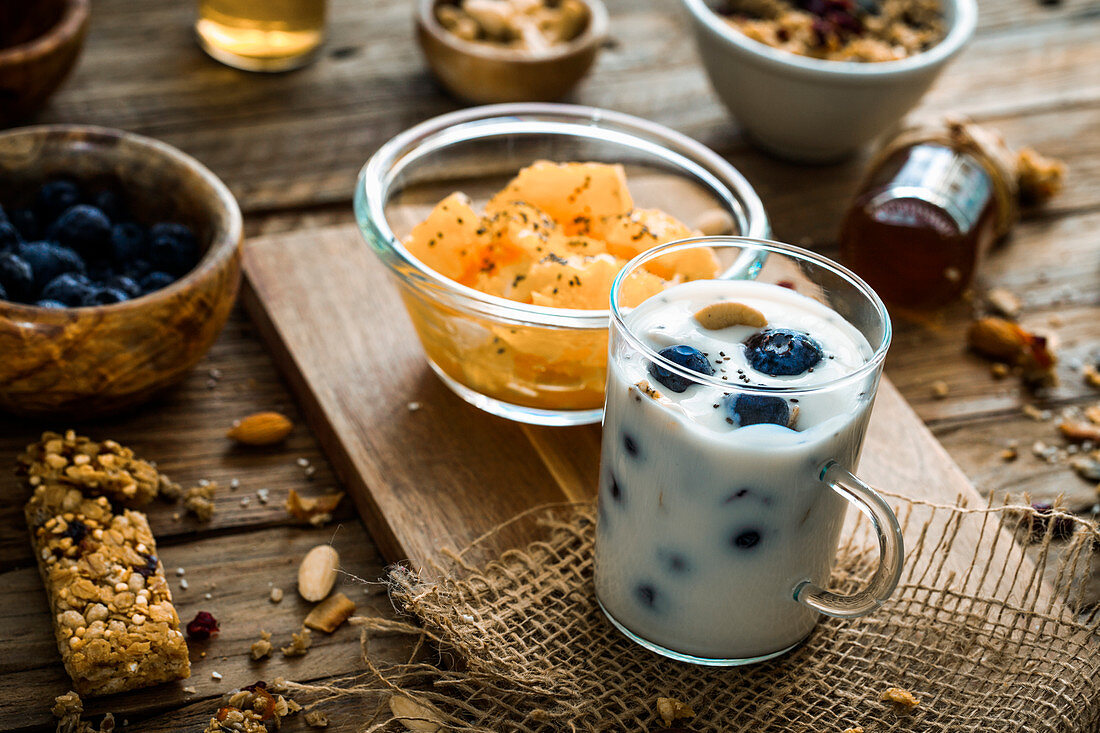 Healthy breakfast variety - Cereals with fruit and yogurt