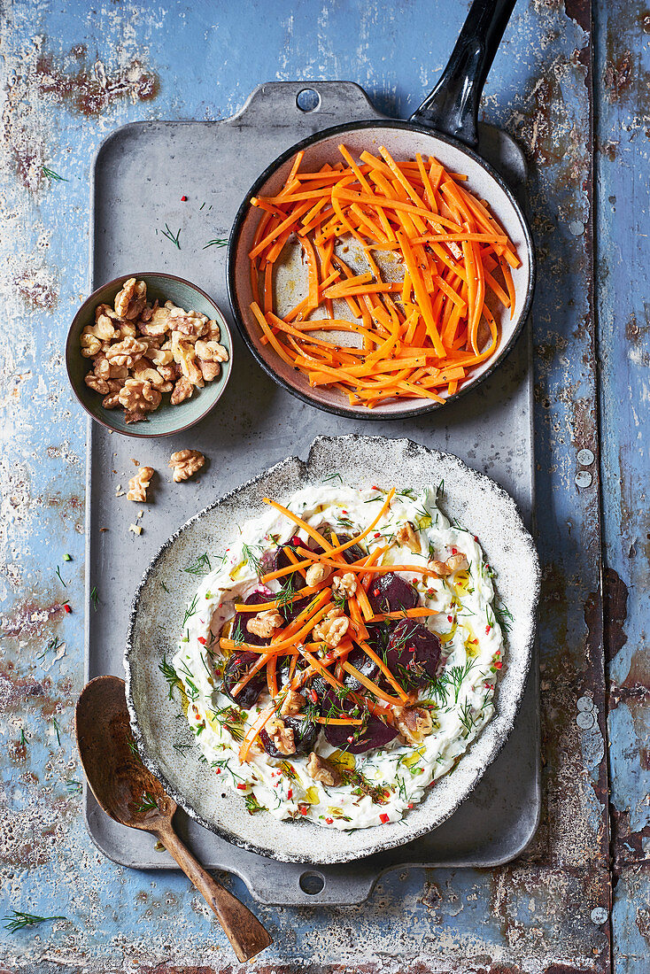 Beets and carrots with cumin and haydari